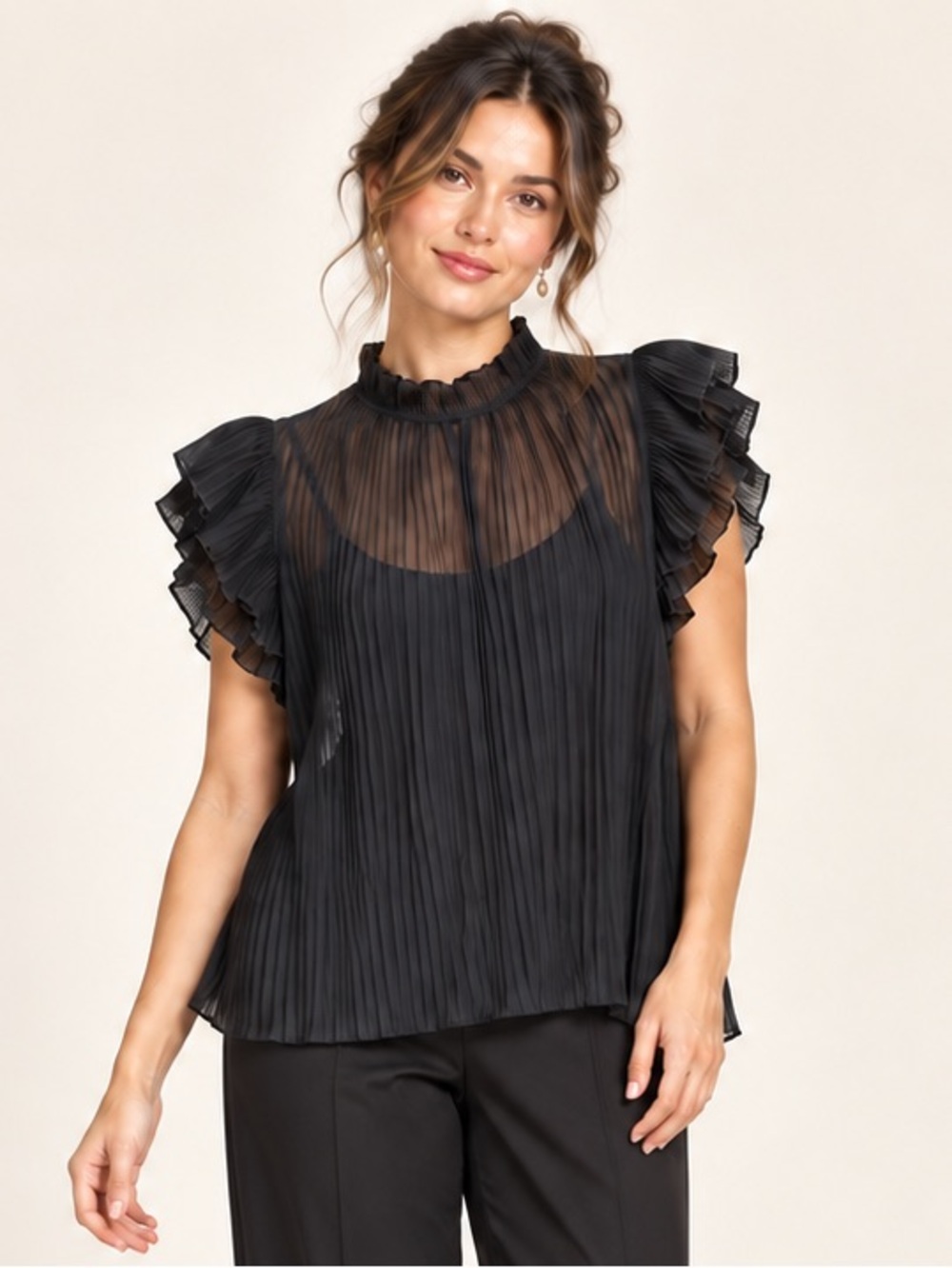 Anthropologie Black/Deep Navy Sheer Pleated Ruffle Sleeve Blouse Large
